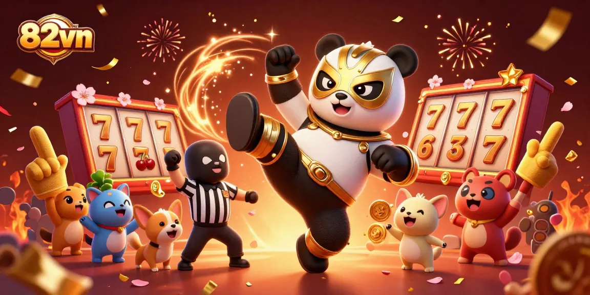 Engage in thrilling 82vn slots gameplay featuring a panda wrestler and vibrant animated elements.