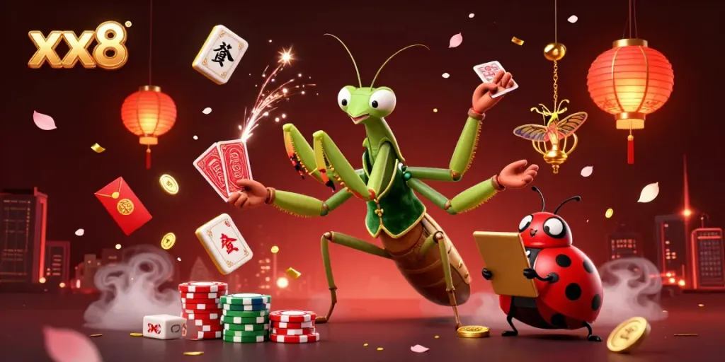 Experience the vibrant world of xx8 with a 3D giant praying mantis dealer, surrounded by casino elements.