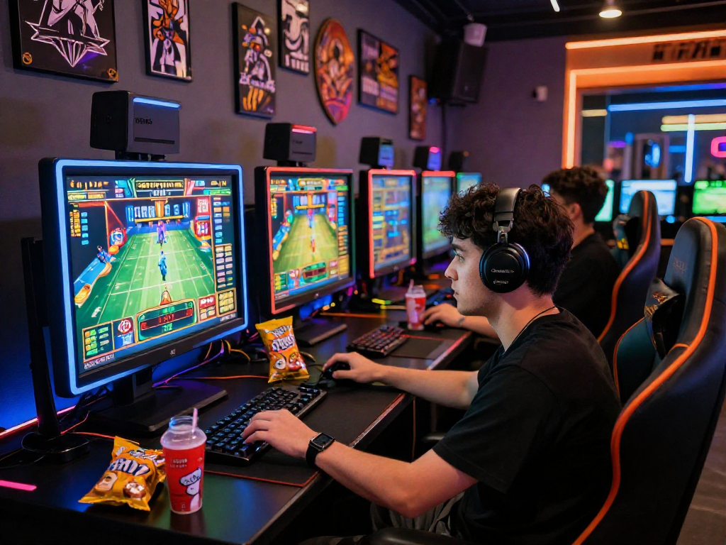 Exciting gaming scene of a player focused on a slot game with vibrant lights and graphics.