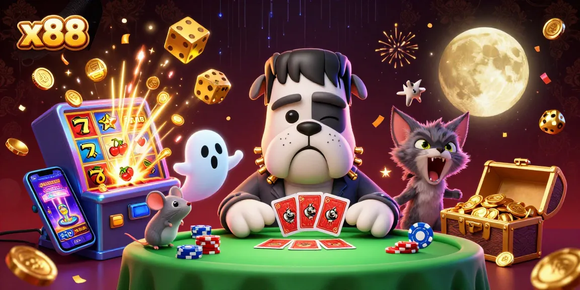 x88 slots experience with a lively Frankenstein bulldog monster and friends at a vibrant casino table.