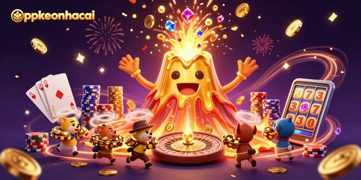 Experience appkeonhacai's thrilling eruption of treasure as explorers flee with winnings in a vibrant gaming scene.