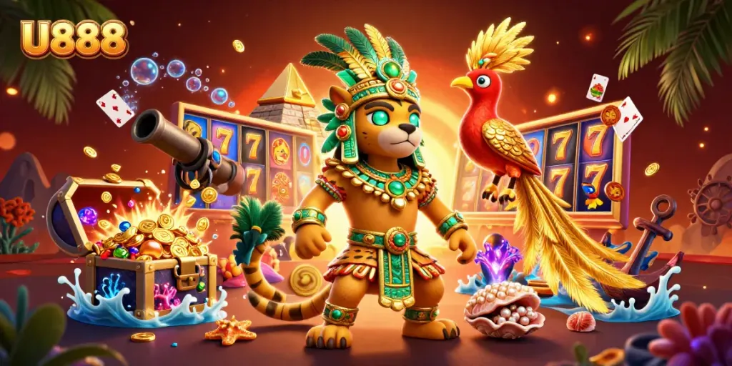 U888 ignites excitement with dynamic slots and vibrant gaming elements in an engaging casino scene.