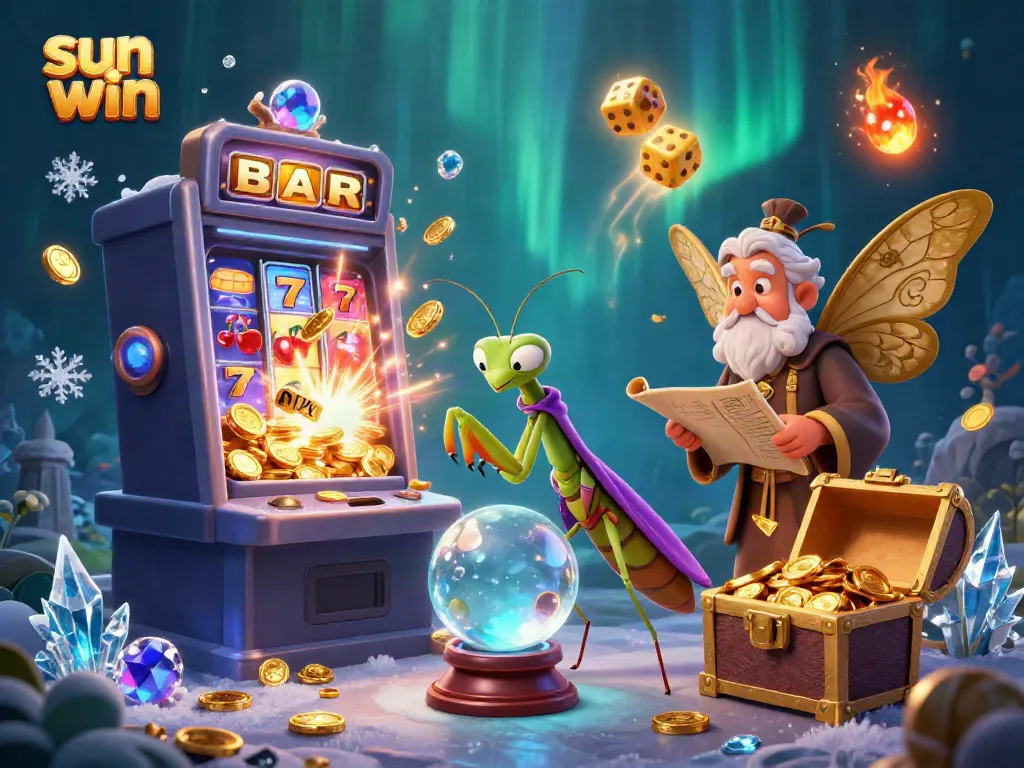 Engage with sun win casino excitement featuring fortune teller and moth librarian amidst vibrant slot machine and game elements.