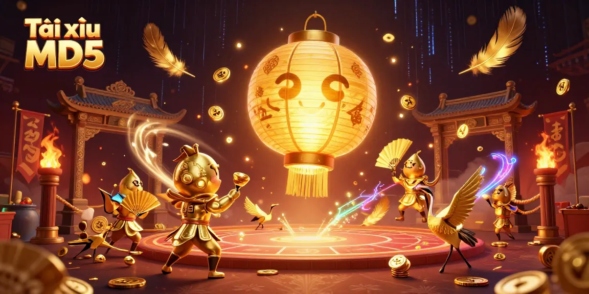 Tài xỉu MD5 features a golden lantern spirit and warriors in a dynamic online casino illustration.