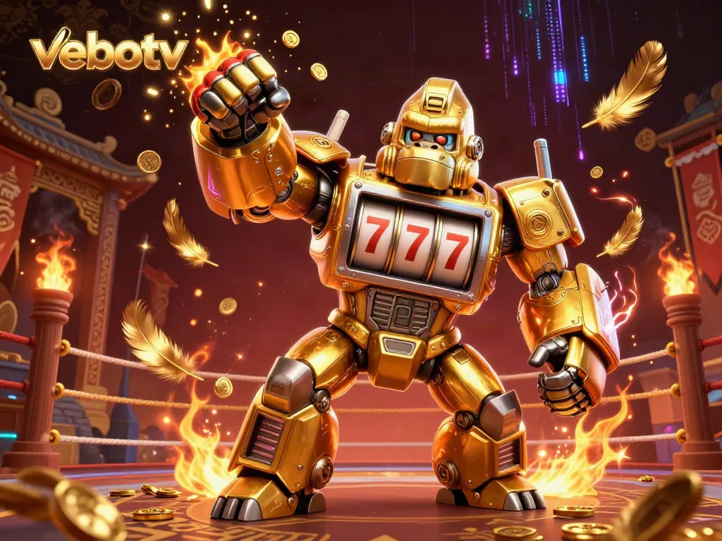 Engage with vebotv’s high-octane, visually stunning 3D battle scene showcasing a golden gorilla mech amidst spinning reels and dynamic elements.