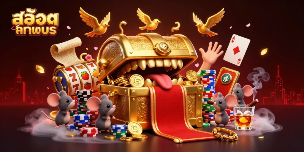 Engage with สล็อตทดลอง as adventurer mice seek treasures in a rich casino-themed 3D illustration.
