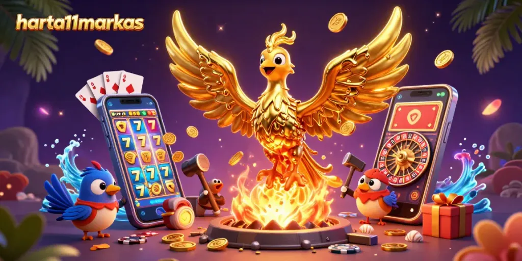 Join the exciting gameplay at harta11markas with a stunning golden phoenix centerpiece surrounded by dynamic casino elements.
