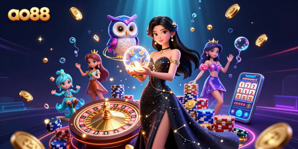 Engage in the magical realm of ao88 with stunning visuals of a woman in a black gown, a mystical owl, and vibrant casino elements.