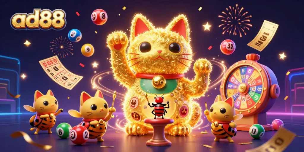 Engage with ad88's vibrant scene of a lucky cat and fireflies celebrating in an online casino.