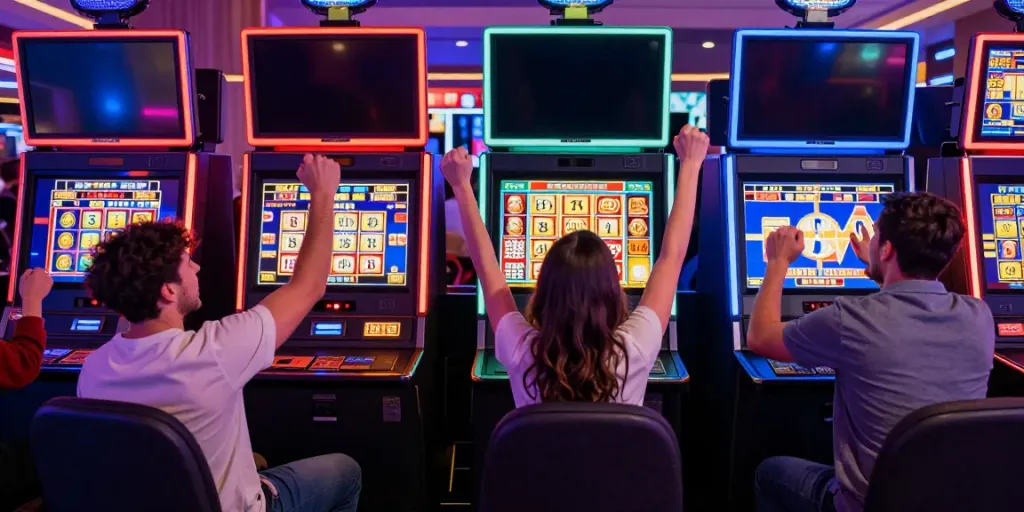 Raja slot players celebrating a win at vibrant slot machines in a modern casino