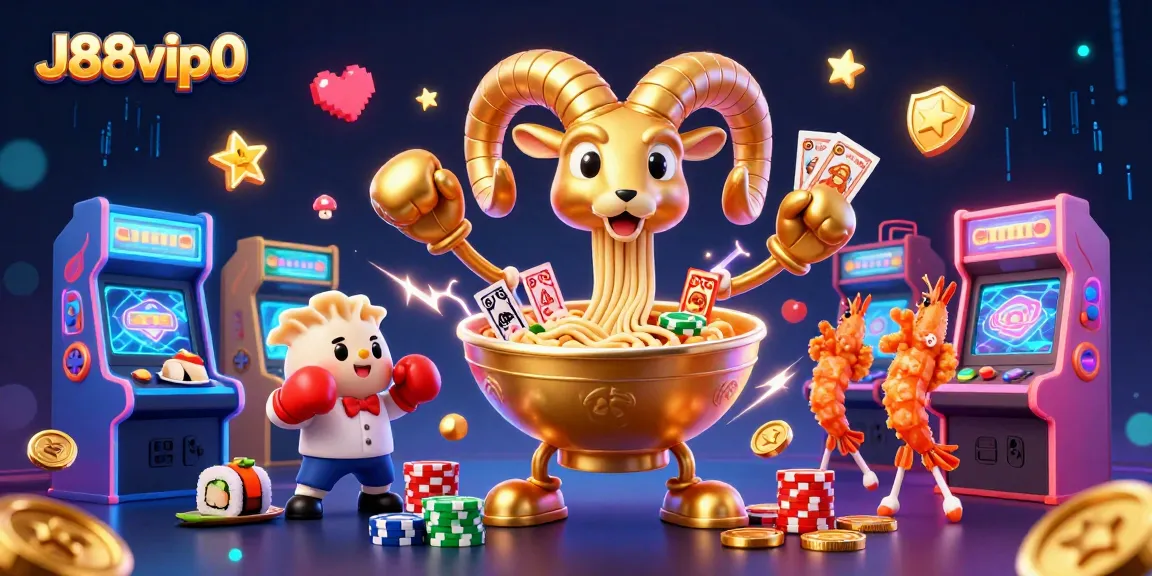 Engage with J88vip0 in a vibrant casino scene featuring colorful gaming characters and dynamic arcade elements.