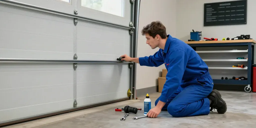 Technician assessing a roller door stuck in a home garage with tools ready for repair