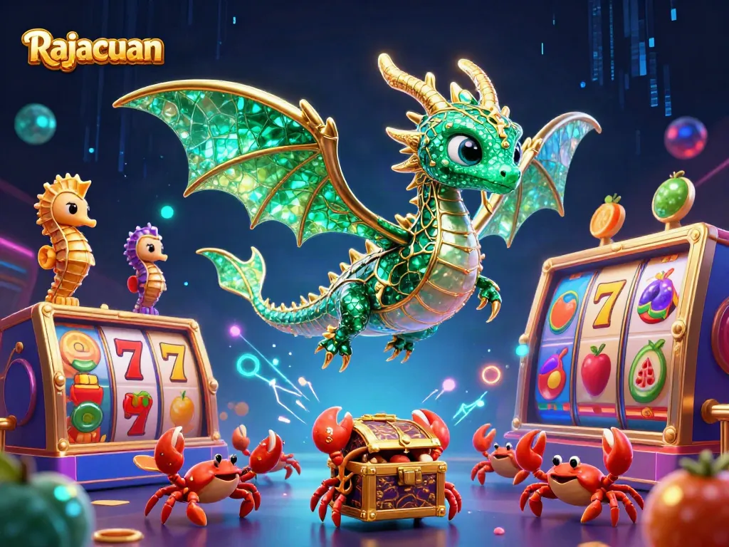 Spin the reels at Rajacuan with vibrant casino elements and a magical sea dragon scene.