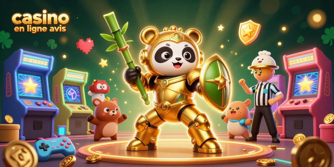 Illustration de casino en ligne avis avec panda doré en robot de combat entouré d'éléments de jeu colorés.
