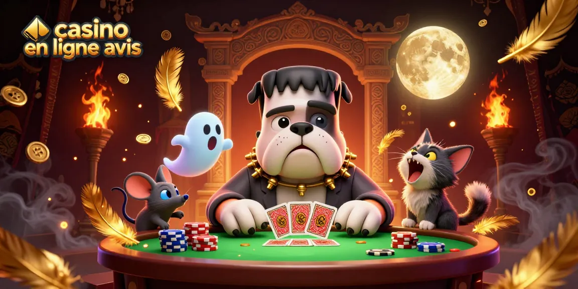 Illustration captivante de casino en ligne avis avec un bulldog Frankenstein et un chat loup dans une ambiance spook.