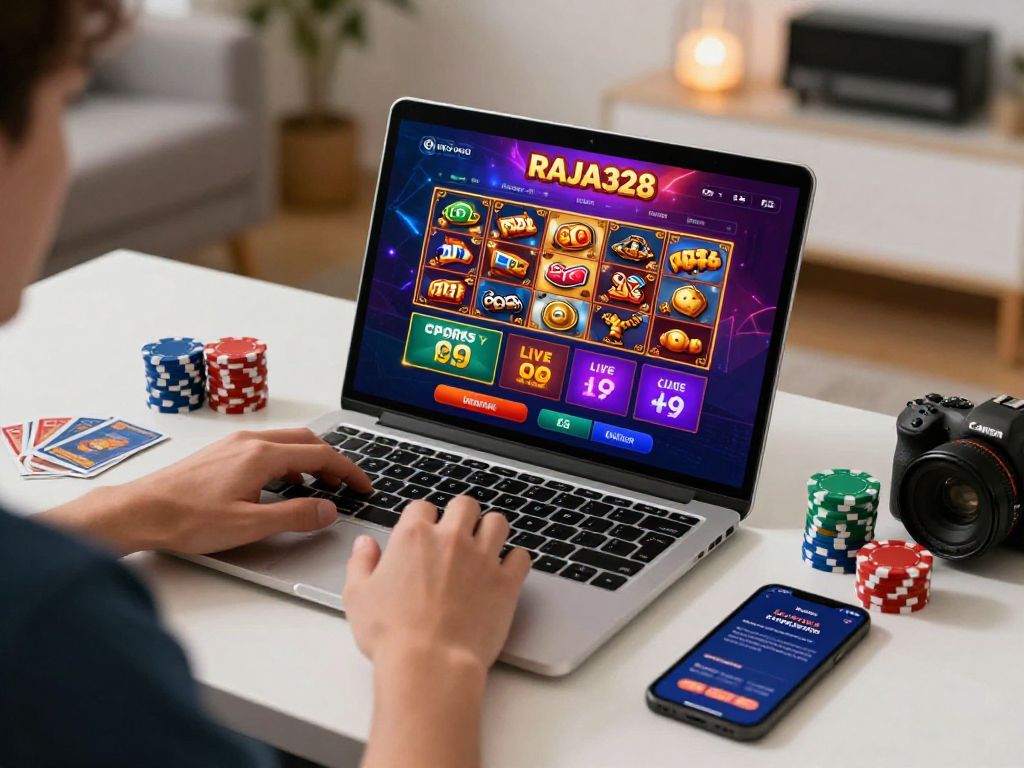 Player using RAJA328 for online gaming with laptop and colorful interface.