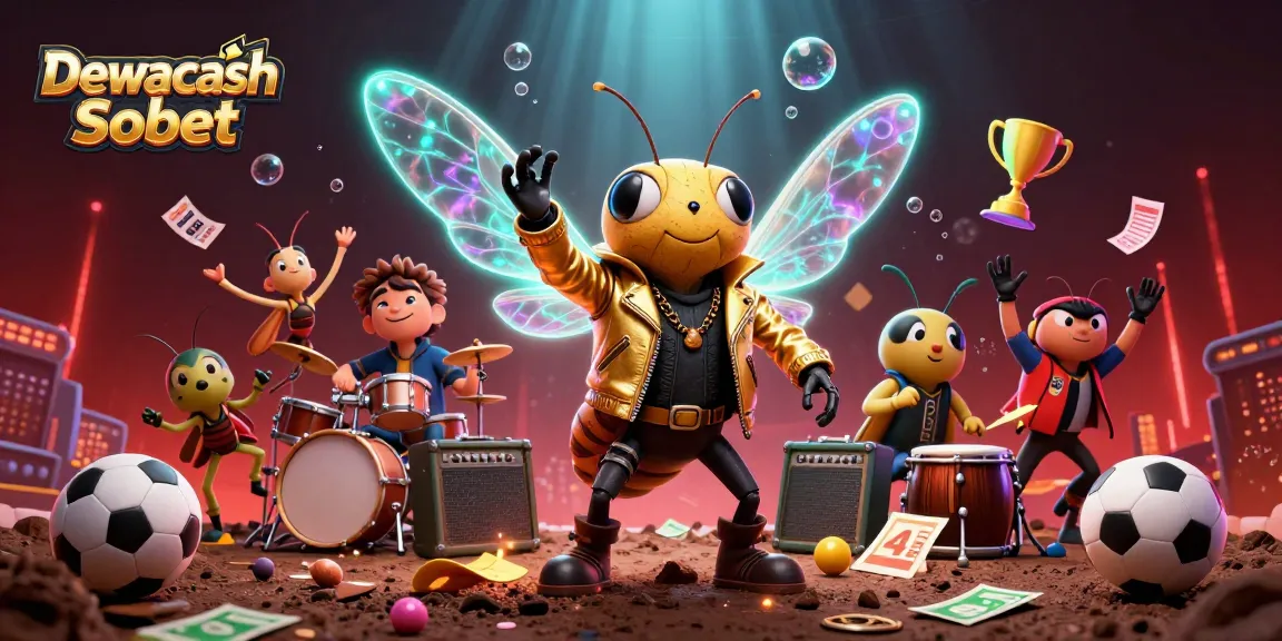 Dewacash Sbobet features an energetic scene of a cicada rock star, beetle drummer, and sports-themed elements.