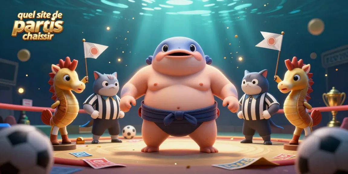 Quel site de paris sportif choisir - Illustration colorée d'un fugu sumo entouré de spectateurs et d'éléments sportifs.