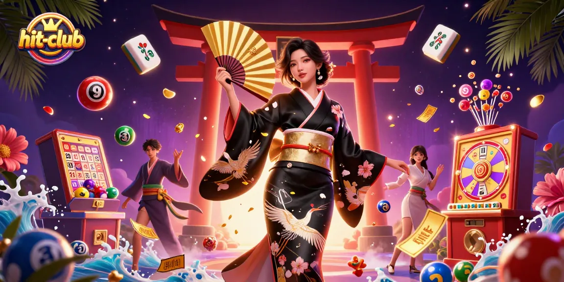 Experience thrilling games at hit-club with a graceful Asian woman amidst vibrant casino elements.