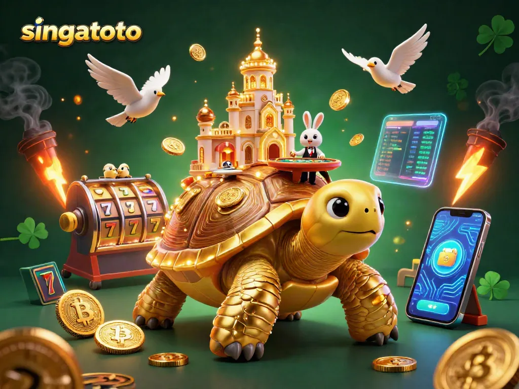 Experience singatoto action with a vibrant casino scene featuring a golden tortoise and a rabbit dealer.