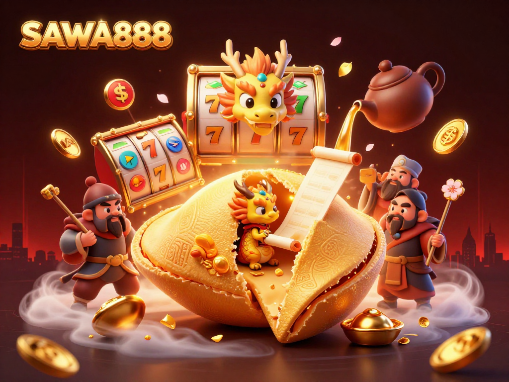 Experience winning at SAWA888 with vibrant slot reels, golden dragons, and dynamic casino elements.