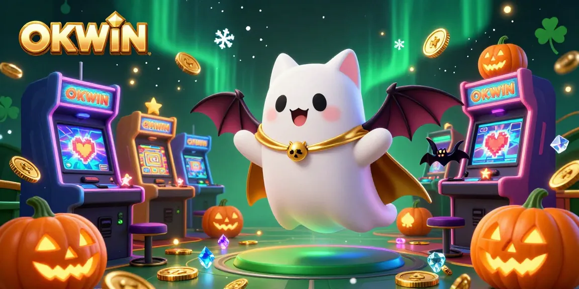 Experience the lively ambiance of OKWIN casino with a ghost cat and vampire bat amidst glowing jacks and gaming machines.