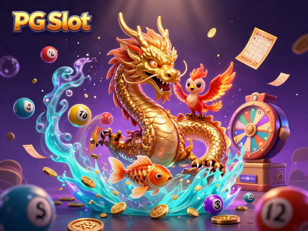 Experience thrilling gameplay with PG Slot featuring a golden dragon, vibrant casino elements, and dynamic action.