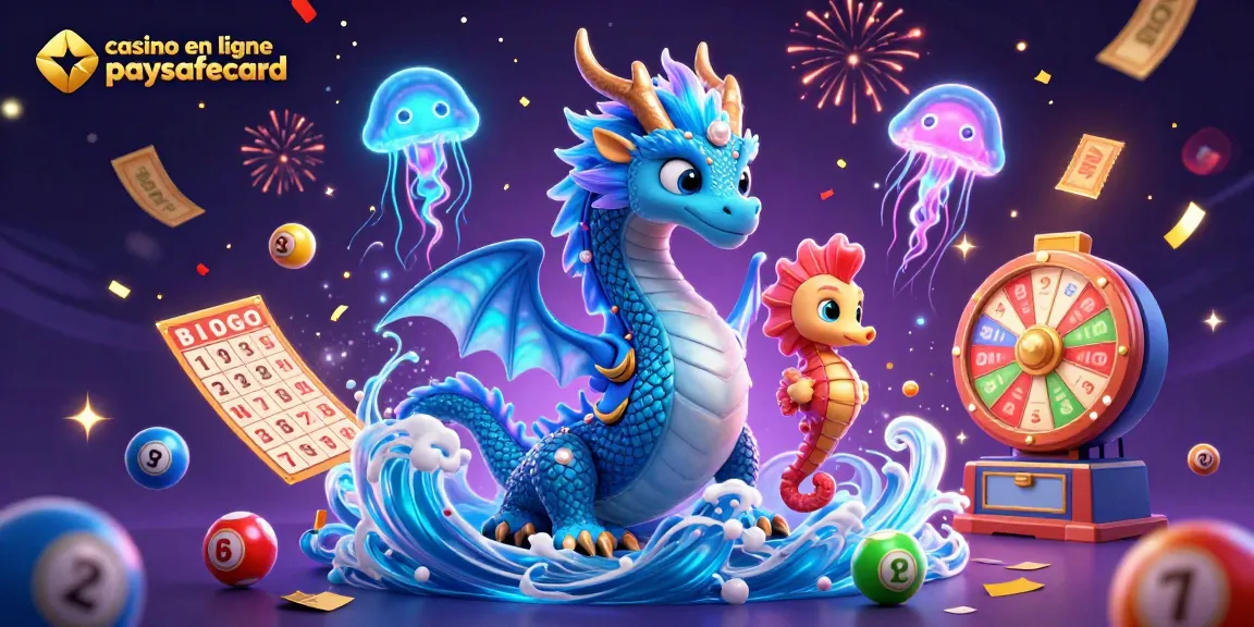 Vivez l'excitation du casino en ligne paysafecard avec un dragon azur, un chevalier hippocampe et des éléments de loterie vibrants.