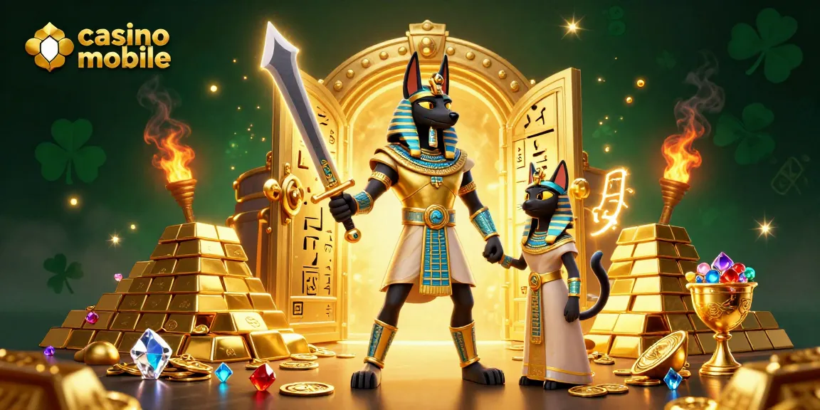 Visualisez un univers de casino mobile avec Anubis et Bastet entourés de trésors et de lumières scintillantes.
