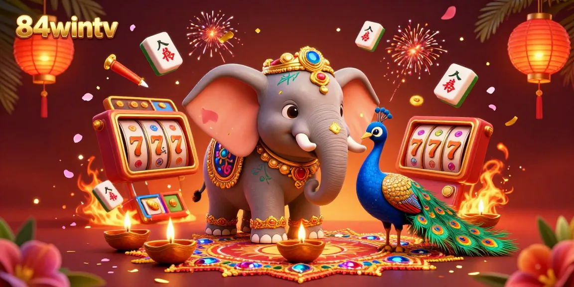 Engage with 84wintv's vibrant casino scene featuring a colorful elephant and peacock, celebrating luck with gems.