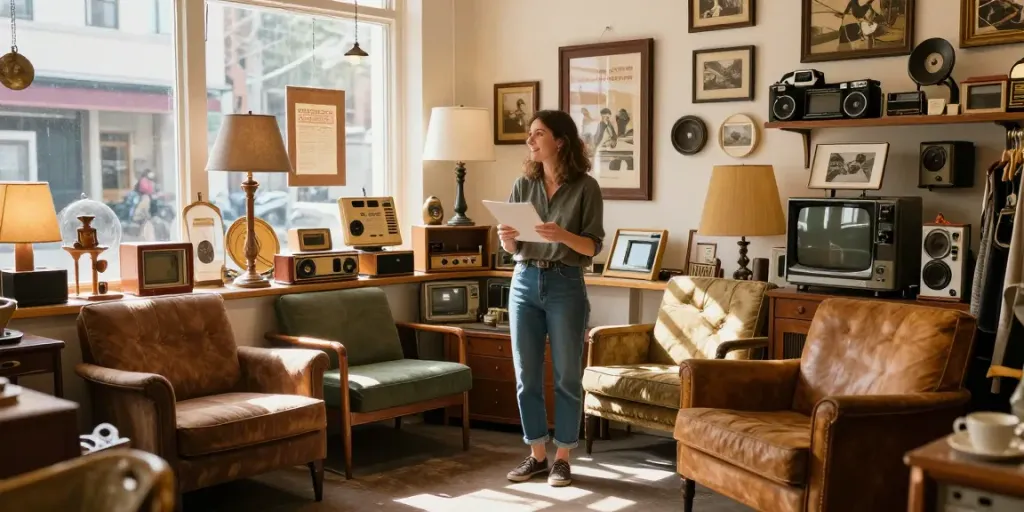 Engaging vintage shopkeeper sharing stories about unique second-hand items in a cozy setting.