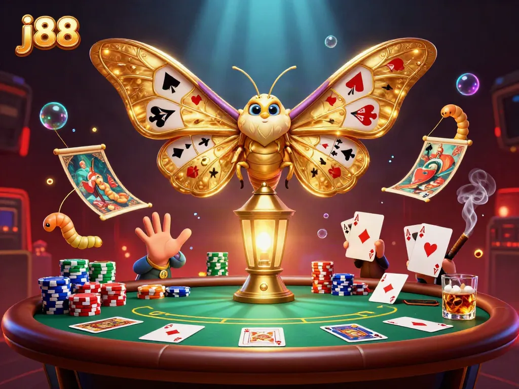 Engaging j88 casino scene with a golden atlas moth and interactive gambling elements