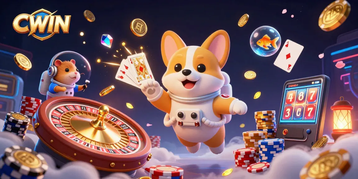 Experience the thrilling floating adventure in CWIN's casino with an astronaut corgi surrounded by gems and coins.