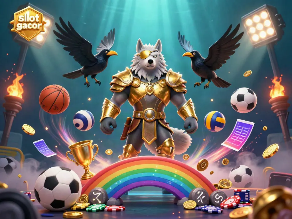 Experience the thrill of play at slot gacor with a vibrant 3D casino illustration featuring Odin and sports elements.