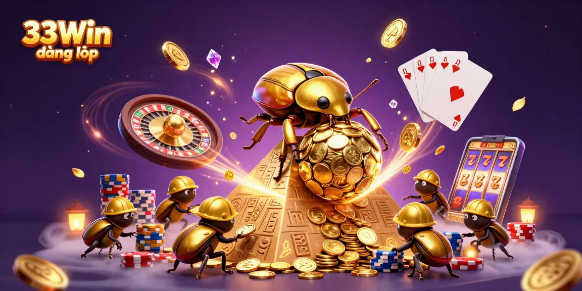 Engage with the excitement of 33Win đăng nhập as a golden dung beetle rolls coins amidst vibrant casino elements.