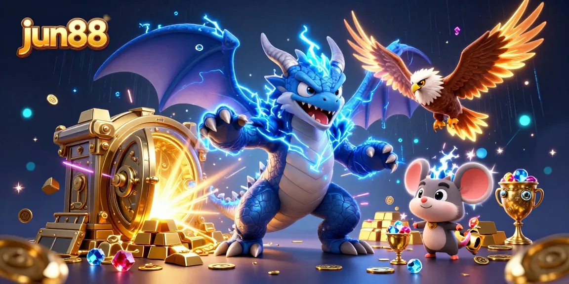 Experience premier gaming at jun88 with a dynamic scene featuring treasures and mythical characters.