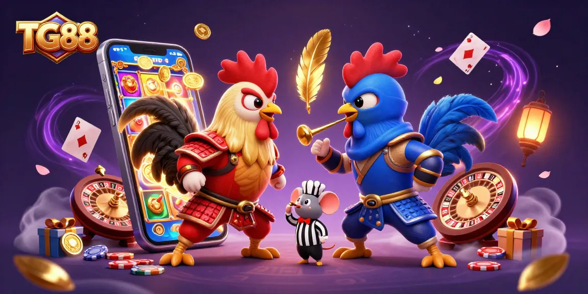 TG88 showcases intense gameplay with cartoon roosters in combat, surrounded by vibrant casino elements.