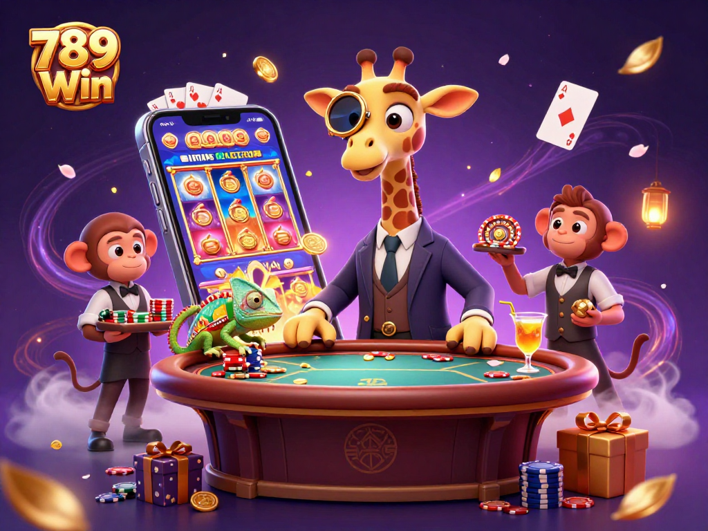 Join the action at 789 Win with vibrant games, golden chips, and animated characters at play.