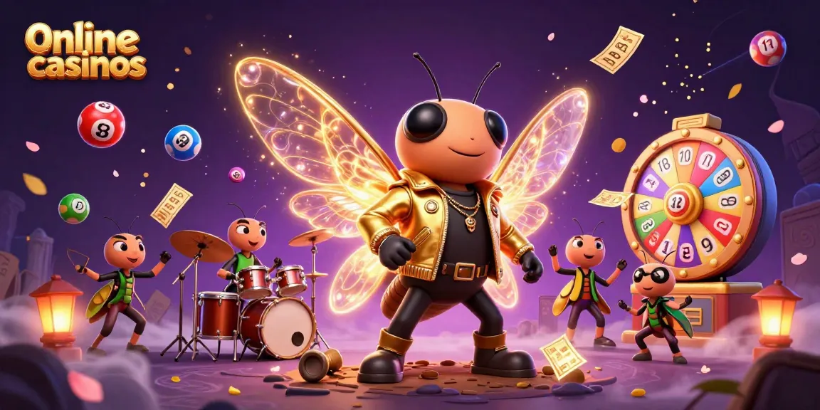 Engage with online casinos through a vibrant 3D illustration featuring a cicada rock star and dynamic gaming elements.