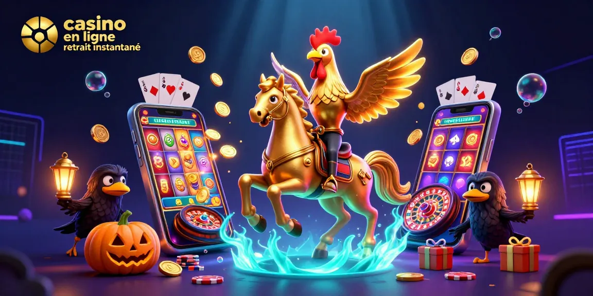 Rejoignez le monde du casino en ligne retrait instantané avec un rooster en or incarnant la chance, entouré de symboles de jeu éclatants.