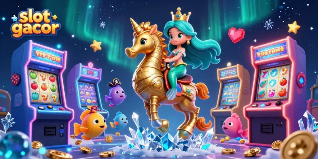 Engage with slot gacor adventures featuring a colorful scene of a mermaid, seahorse, and arcade slots.