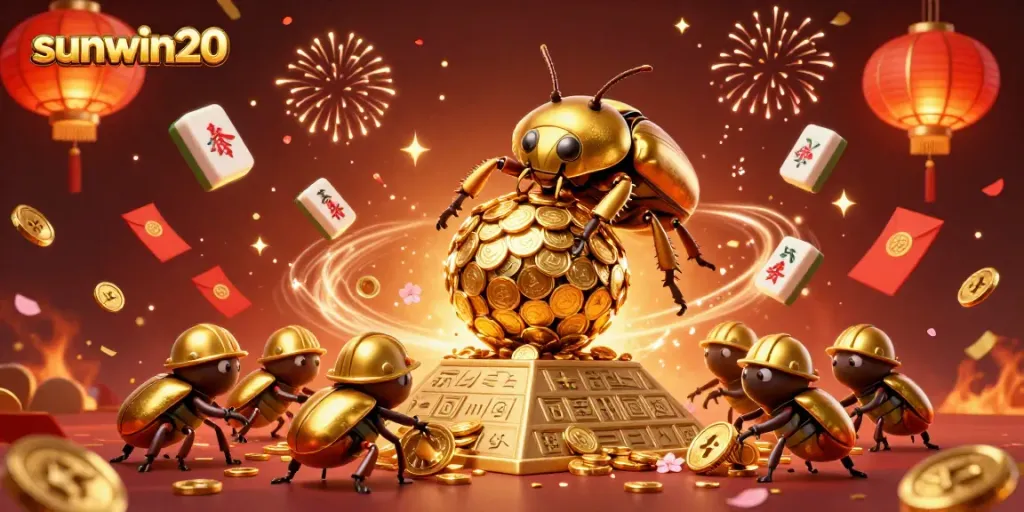 Experience thrilling moments with sunwin20 as golden beetles roll coins in a vibrant casino scene.
