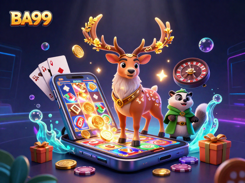 Engage in thrilling gameplay at BA99 with a vibrant scene featuring casino elements and enchanting characters.