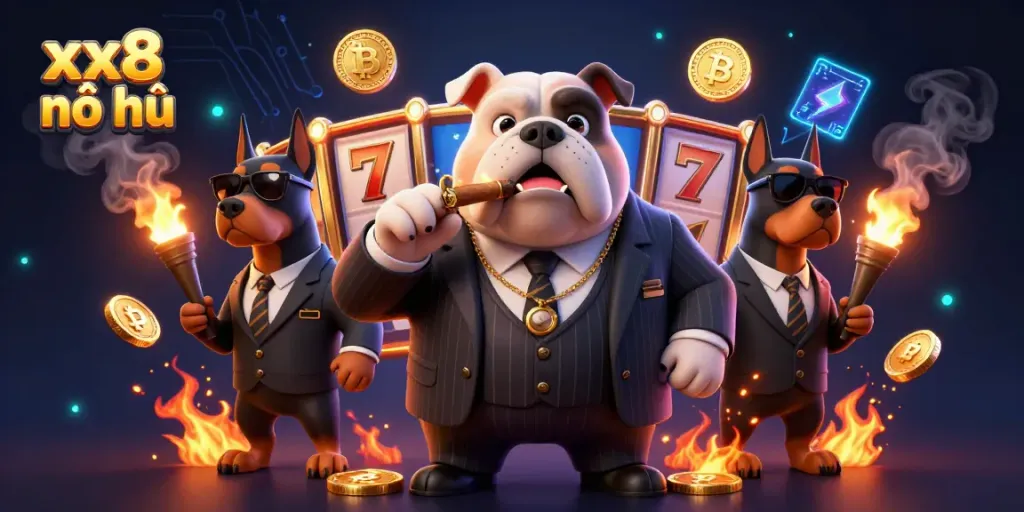 Experience thrilling xx8 nổ hũ with an exciting cartoon mafia superstar, jackpot symbols, and glowing coins.