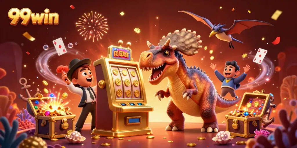 Experience the thrill of 99win casino with vibrant scenes of jackpots and excitement.