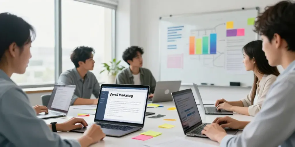 Collaboration in a modern office creating AI generated email marketing copy with vibrant brainstorming materials.