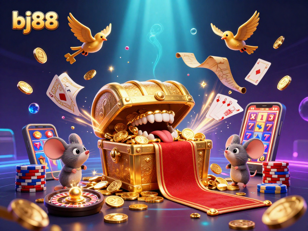 bj88 showcases a colorful 3D casino scene, inviting players to enjoy vibrant riches with treasure chests and game elements.