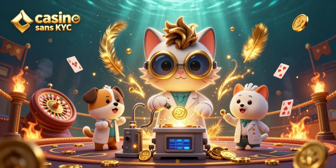 Jouez au casino live sans KYC avec une scène dynamique illustrant un scientifique et un chien assistant.