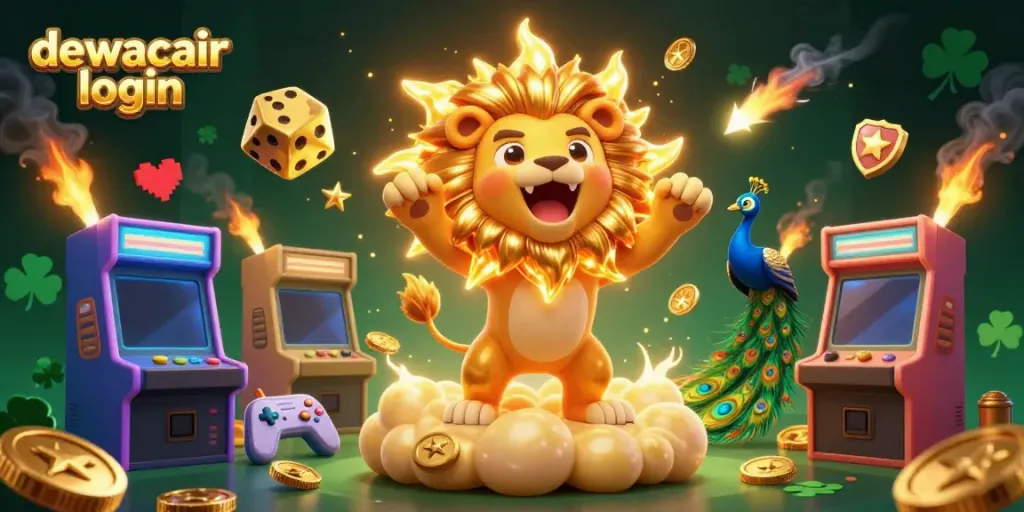 Experience the excitement of dewacair login with a vibrant, detailed casino scene featuring a sun lion and golden dice.