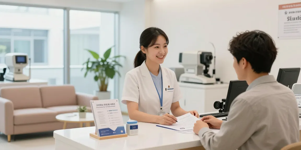Welcoming eye clinic scene with friendly staff and informative materials on 스마일 수술, showcasing eye care services in Korea.